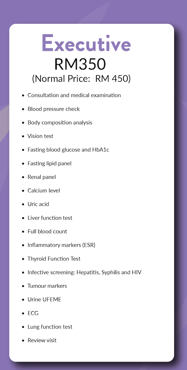 Executive Package - Blood pressure, sugar, cholestrol, cancer markers, ECG, Plus more ...